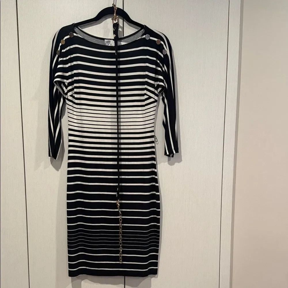 Cache Black and White Striped Long Sleeve Dress